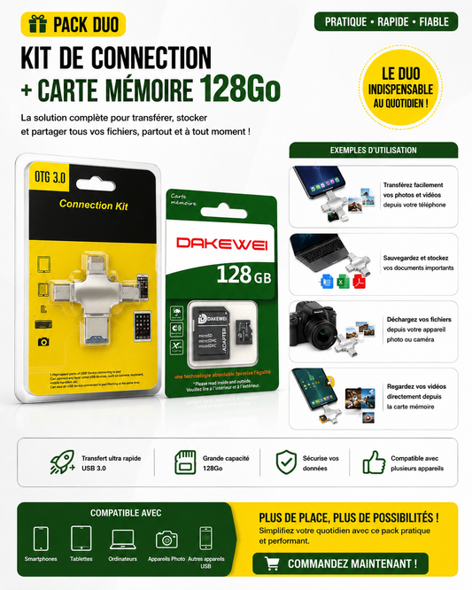Pack Duo Connexion & Stockage : Kit Connexion USB 3.0 Multi-Ports + Carte Mémoire MicroSD 128Go