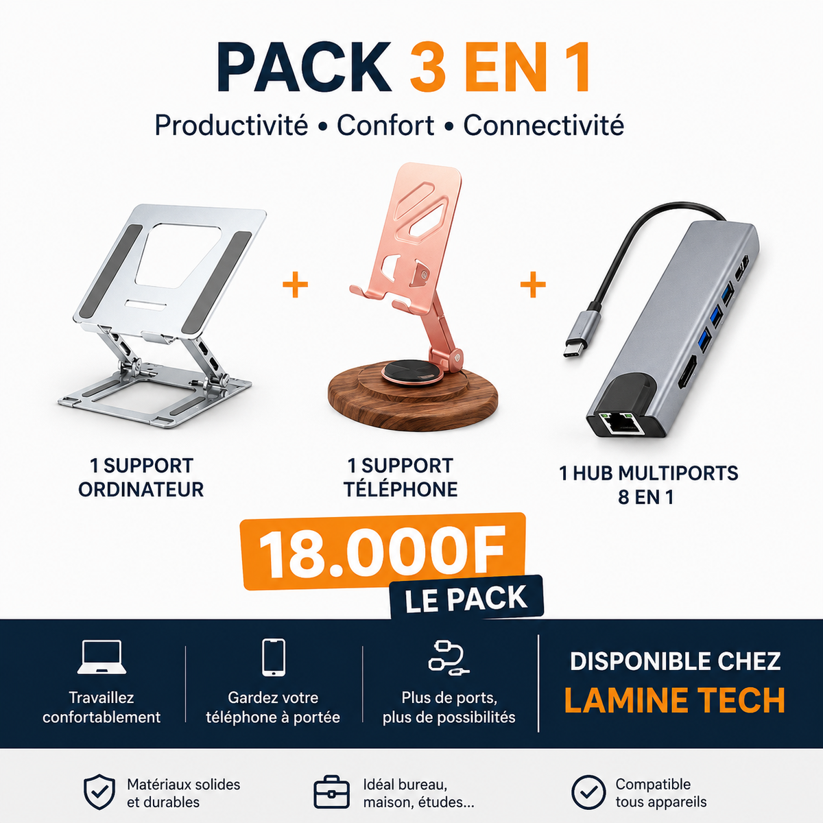 Pack 3-en-1 Ultime (Support PC + Support Téléphone + Hub 8-en-1)